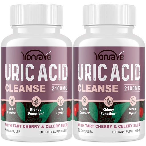 [BRSRAGQDB4GQA2TG] Yonrave Uric Acid Cleanse & Detox with Tart Cherry, Celery Seed Uric Acid Supplement – Uric Acid Levels, Joint, Kidney and Sleep – 90 Veggie Capsules（2 Bottle）