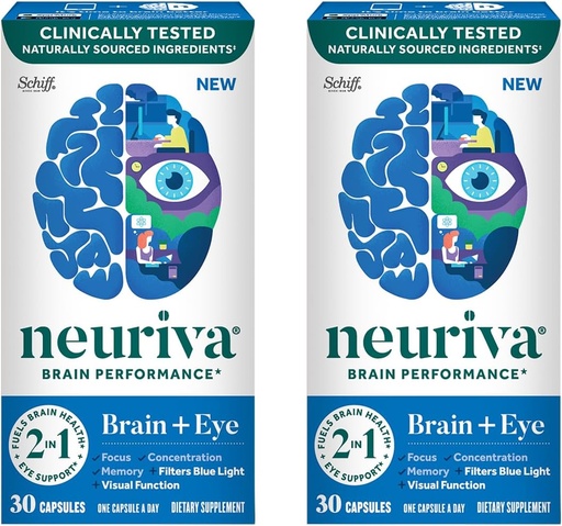 [BRSW2CAYOYMGCC3O] NEURIVA Brain + Eye Supplemento per Memoria, Focus & Concentrazione con Luteina clinicamente testata e Zeaxanthin, Vitamine A C & E + Zinc per la salute degli occhi & Filtro Blu Luce 30 Conta capsule (2 Confezione)