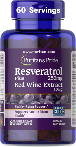 [BRSWIZQ3OV6RSHDE] Puritan의 Pride Premium Resveratrol Youth GuardTM 250mg, Immune System, Antioxidant, Sugar Metabolism, Blood Flow 및 Vascular Function Support, 60 Rapid Release Softgels에 대한 규정식 보충