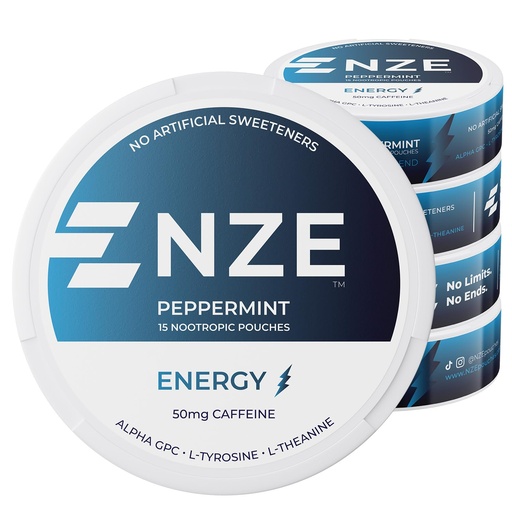[BRSRAZL3OUHAA3Q3] NZE Caffeine Nootropic Pouches (Peppermint) - Energy Pouches with 50mg Caffeine, Alpha GPC, L-Tyrosine & L-Theanine with No Sugar or Artificial Sweeteners - 15 Nicotine Free Pouches Per Can - 5 Pack