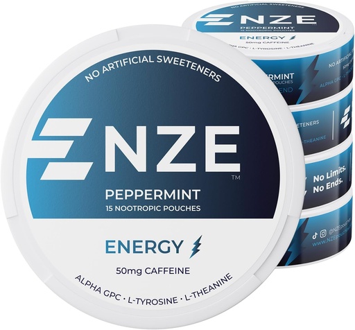[BRSRAZL3OUHAA3Q3] NZE Caffeine Nootropic Pouches (Peppermint) - Energy Pouches with 50mg Caffeine, Alpha GPC, L-Tyrosine & L-Theanine with No Sugar or Artificial Sweeteners - 15 Nicotine Free Pouches Per Can - 5 Pack