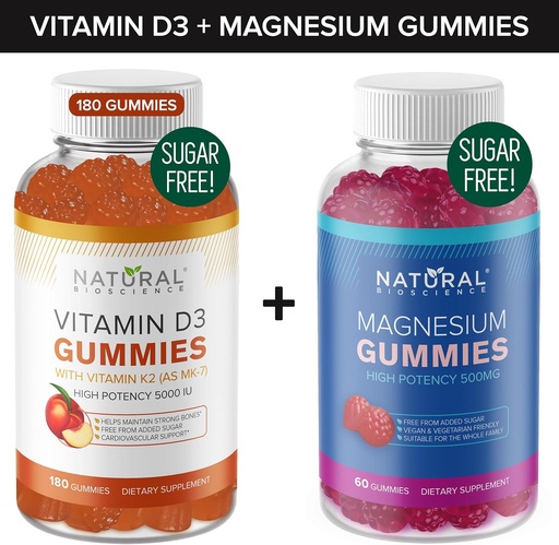 [BRSROAI5AABRMGTB] Sugar Free Vitamin D3 K2 Gummies (180 Gummies) and Sugar Free Extra Strength Magnesium Gummies (60 Gummies), Vitamin D3 Gummies 5000 IU+K2 MK7 80 mcg, Magnesium Citrate Gummies 500 mg