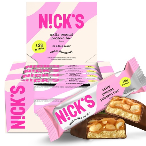 [BRSW2ZTRAQBQMDLZ] N!CK'S Protein Bars Salty Peanut Chocolate – 12-Count Box | 15g protein | 200 calories | Protein-Packed Snack, Low Calories, Low Carbs, Keto Friendly, No Added Sugar