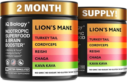 [BRSRAHYPCJ7Q4EY7] Kava Kava Root Cordyceps Lions Mane Reishi Mushroom Supplement, Nootropic Mushrooms Cápsulas Kava Kava Extract, Mushroom Vitaminas para Mulheres, Energy Mushrooms, Ashwagandha, Magnésio - 60 Caps (2 Pack)