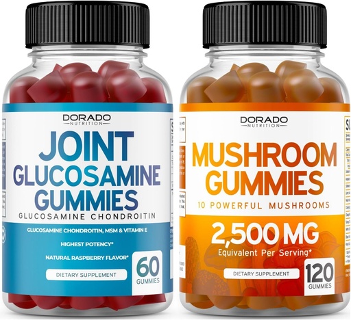 [BRSRAZL4PIHQKDI7] Glucosamine Chondroitin (60 Count) Joint Supplements for Men & Women - Delicious Raspberry Flavor and Mushroom 10 in 1 Blend (120 Gummies) Focus & Brain Mushroom Supplement - Vegan & USA Made