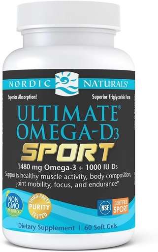 [BRSWI2TYC4DWG23Y] Naturales nórdicos Ultimate Omega-D3 Sport, Lemon - 60 Gels blandos - 1480 mg Omega-3 + 1000 UI Vitamina D3 - NSF Certified - Supports Muscle, Bones, Focus &amp; Endurance - 30 Servimientos