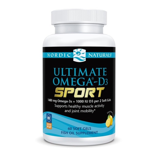 [BRSWI2TYC4DWG23Y] Nordic Naturals Ultimate Omega-D3 Sport, Lemon - 60 Soft Gels - 1480 mg Omega-3 + 1000 IU Vitamin D3 - NSF Certified - Supports Muscle, Bones, Focus & Endurance - 30 Servings