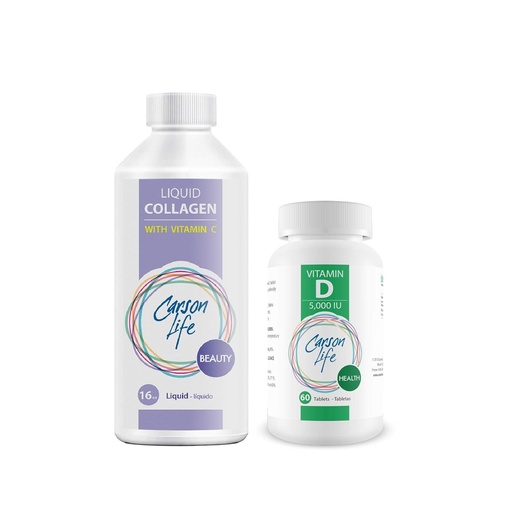 [BRSWG236AV7BGGY6] CARSON LIFE - Liquid Collagen With Vitamin C 1 Bottle, 16 Oz Bundle With Vitamin D Supplement 1 Bottle, 10,000 IU, 60 Tablets For Strong Muscles, Bones, Teeth, Anti Aging, Hair Skin & Nails
