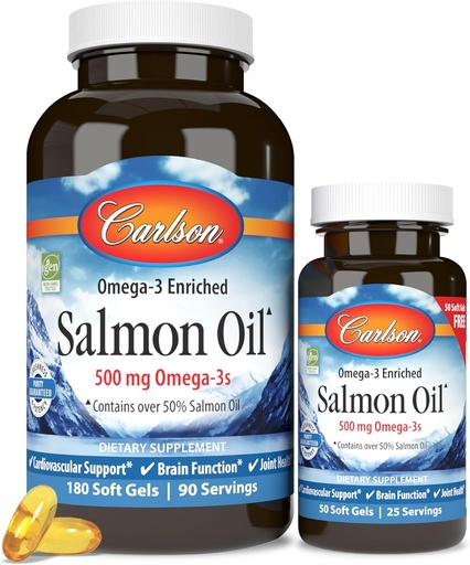 [BRSWIYYFAV5G2FTA] Carlson - Norwegian Salmon Oil, 500 mg Omega-3, Norwegian Salmon Oil Supplement, Wild Caught Omega 3 Salmon Oil Capsules, Fuente sostenible, Brain, Heart &amp; Joint Health, 180+50 Softgels