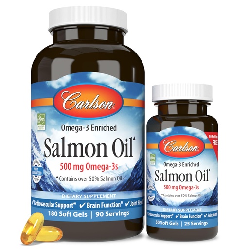 [BRSWIYYFAV5G2FTA] Carlson - Norwegian Salmon Oil, 500 mg Omega-3s, Norwegian Salmon Oil Supplement, Wild Caught Omega 3 Salmon Oil Capsules, Sustainably Sourced, Brain, Heart & Joint Health, 180+50 Softgels