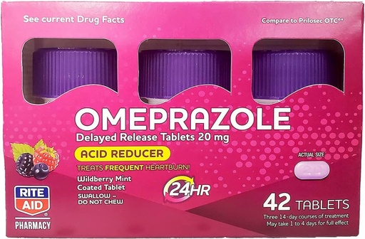 [BRSWGAIQCEGQO3I2] Rite Aid Acid Reducer Omeprazole Delayed Release Tablets - 20 mg, 3 Bottles, 14 Count Each (42 Count Total), Wildberry Mint Flavor, Heartburn Relief, Heartburn Medicine, Treats Frequent Heartburn