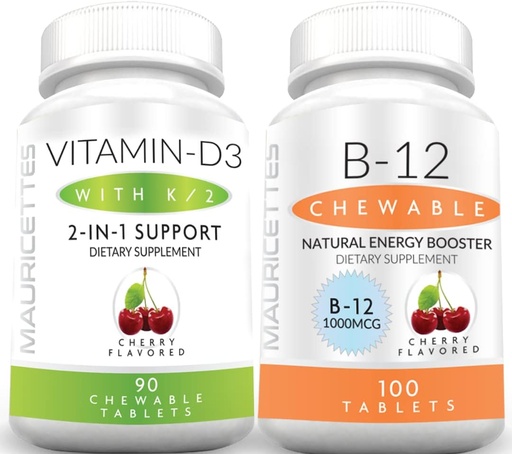 [BRSRMY37BUGRMC3D] Mauricettes Chewable Vitamina D3 con K2 & Chewable Vitamina B12 1000 mcg Enerxía e Bundle de soporte inmune