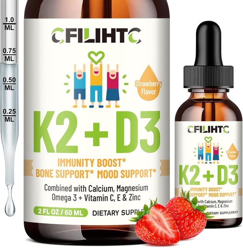 [BRSRAFAQBYJRQCLA] Vitamin D3 K2 Drops for Kids - Omega 3, Vitamin E, Calcium, Magnesium & Zinc for Better Absorption - Liquid MK7 1000 IU D3 for Healthy Bones, Teeth & Heart Support - Non-GMO, 2 Fl Oz