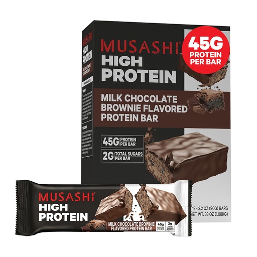 [BRSROCYNCUMWY23O] MUSASHI High Protein Bar, 45g Protein, 2g Total Azúcares, Milk Chocolate Brownie, Post Workout y Protein Snack On The Go, 12 Pack of 3.2oz (90g) Bares