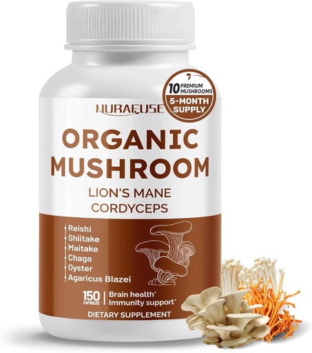 [BRSRAYAFAUHRUADH] Organic Mushroom 10-in-1 Formula - with Lion's Mane, Cordyceps Reishi, Shiitake, Maitake, Chaga, Non-GMO, Gluten-Free, Soy-Free (150 Count (Pack of 1))