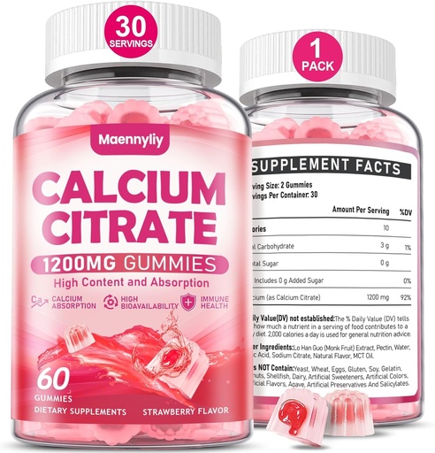 [BRSRAFLRBYMBOAIZ] Calcium Citrate Gummies 1200 mg for Adults: Ultimate Absorption Calcium Supplement for Women & Men - Easy to Digest, Vegan, Non-GMO, Gluten Free - Natural Strawberry Flavor