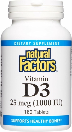 [BRSWIYD7DN6BQDDE] Natuurlijke factoren, vitamine D3 1000 IE (25 mcg), ondersteunt sterke botten, spieren en immuunfunctie, 180 tabletten
