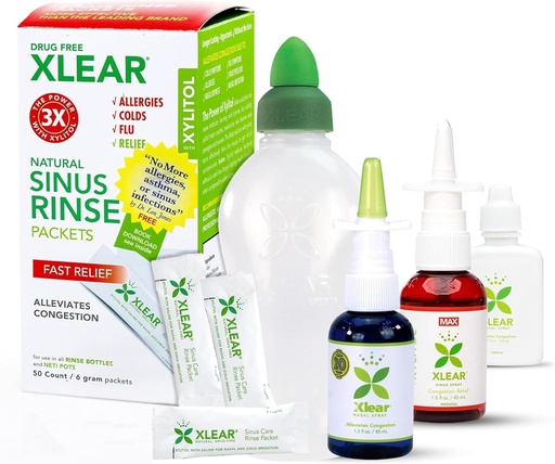 [BRSROBLYCJYR4CT5] Xlear Allergy Relief Kit, All Day Allergy Rescue Kit Including Xlear Nasal Spray with Xylitol, Xlear MAX Nasal Spray, Xlear Nasal Rinse Neti Pot and 50 Refill Packets