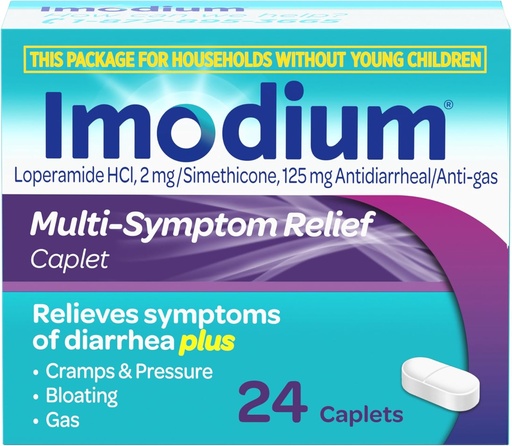 [BRSWYZQCPMHWY2Y4] Imodium Multi-Symptom Relief Caplets Loperamide Hydrochloride eta Simethicone, Anti-Diarrheal Medicine Diarrhea, Gas, Bloating, Cramps & Pressure tratatzeko, errazago irekitzeko, 24 ct
