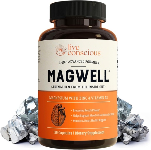 [BRSWGAD6OYOR6AL5] Live Conscious Magwell Magnesium Zink & Vitamin D3 - Magnesium Glycinate, Malate och Citrate - Trippel tillskott för kvinnor och män - för sömn, ben, hjärta, immunstöd - 120 Caps