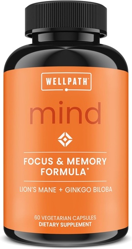 [BRSWGFL6AV6RQ3D6] WellPath Mind Brain Supplement for Memory and Focus with Lion's Mane □ Ginkgo Biloba and L-Theanina for Long Term Cognitive Support □ Vegan, Non-GMO, 60 Ct