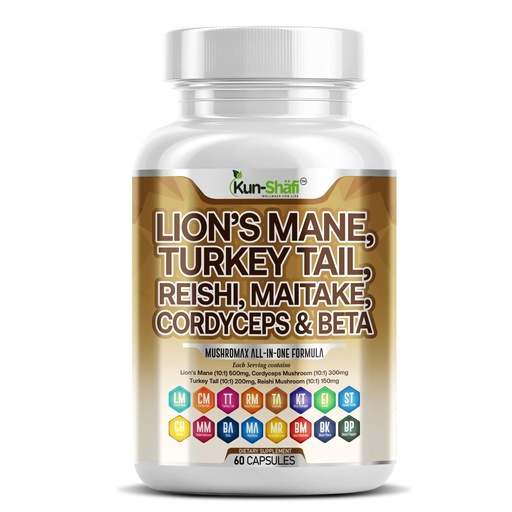 [BRSRAFQTCAPWEF3F] Lions Mane Mushroom Supplement 20in1 with Turkey Tail Reishi Cordyceps Chaga Maitake Meshima Poria Cocos Shiitake Oyster Porcini Enoki – Brain, Focus & Immune Support – 60 Capsules