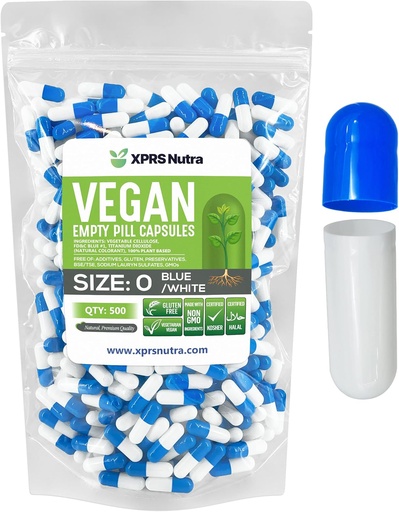 [BRSWY2QKDF4GACI4] XPRS Nutra Size 0 Prazne kapsule - 500 Štetje Prazne Veganske kapsule - Vegetarijanske tablete - DIY Zelenjavna kapsula Polnjenje - Veggie Pills za Do-it-Yourself Supplements (modra/bela)