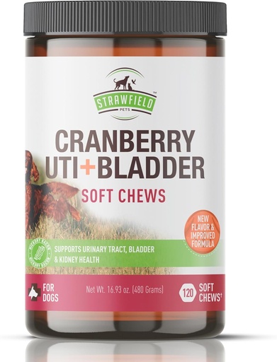 [BRSRMCQYA4FWGYDO] Cranberry Bladder & UTI Chews for Dogs | D-Mannose + Vitamin C for Urinary Tract Support | Dog Incontinence & Bladder Control Supplement | Bacon Flavor Soft Chews | 90ct | Strawfield Pets
