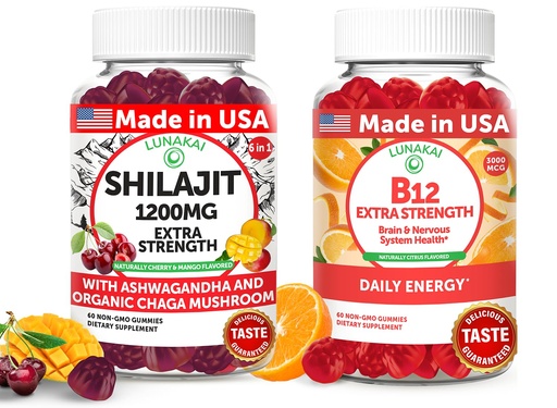 [BRSRABQCCAARO2D3] Lunakai USA Made Shilajit & B12 Extra Strength Gummies Bundle – Energy, Focus, and Daily Wellness – Vegan & Delicious