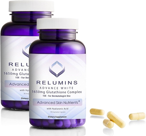[BRSROBI5CMNGMAI3] Reluminas 1650mg Complexo L-Glutationa com Ácido Hialurônico, Ácido Alfa Lipóico, Rosa HIPS, Vitamina E & Riboflavina, Suporte Antioxidante, Hidratação e Bem-Estar da Pele, Made in USA – 90 Cápsulas x 2 Garrafas