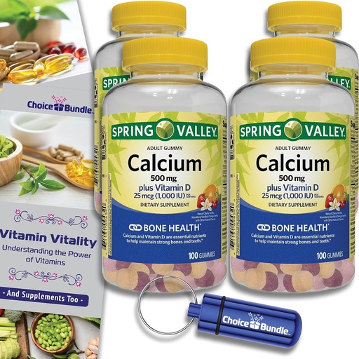 [BRSRAAAHBEPRGFL7] Choice Bundle Spring Valley Calcium 500 mg Plus Vitamin D 25 mcg Bone Health Dietary Supplement Gummies, 100 Ct 4 pk (400 Total) + Vitamin Guide and Pill Container (6 Items)!