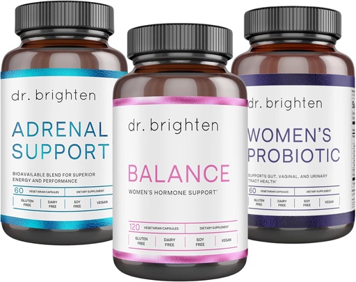 [BRSRMCAYCIDRSA3H] Dr. Brighten Age Support Kit - Balance, Adrenal Support, and Women's Probiotic - Targets Hormonal Acne, period Issues, & PMS - טבעוני, non-GMO
