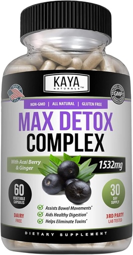 [BRSRMGQPOVYQIELZ] Kaya Naturals Max Detox Bylinné doplnky - Prírodné zložky 1532 mg - Psyllium prášok, extrakt Acai Berry, Ginger Root 60 Počet
