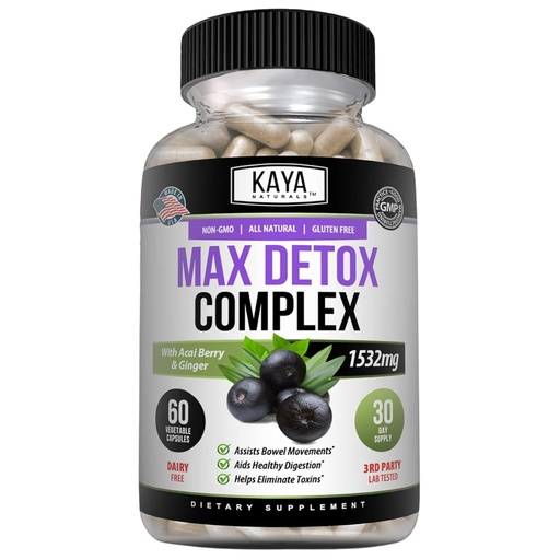 [BRSRMGQPOVYQIELZ] Kaya Naturals Max Detox Herbal Supplement - Natural Ingredients 1532 mg - Psyllium Powder, Acai Berry Extract, Ginger Root 60 Count