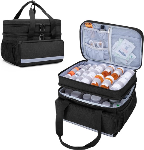 [BRSROZYTCEMRE2Y2] CURMIO Double Layers Pill Bottle Organizator Geanta gol, Medicina Organizator Caz de stocare cu Zippers Lockable, Sac de călătorie medicament pentru sticle de prescriptie medicala, Provizii medicale, Negru (Patent Design)