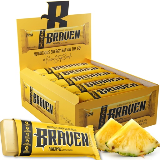 [BRSROYAZBUBAEYDB] Braven Bar Pineapple Energy Bars (1.59 oz, Pack of 20) – Energy Chews with 5g Protein – On-the-Go Energy Snacks for Running, Hiking, and Sports - Gluten Free Snacks for Sustained Energy Boost