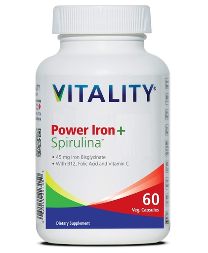 [BRSWGBQRBYHGM2YU] VITALITY Power Iron + Spirulina | 45mg Iron | Blood Builder | Iron Deficiency Support | Vegan | All Natural Supplement | Gentle on Stomach | Capsules… (60 Count (Pack of 1))