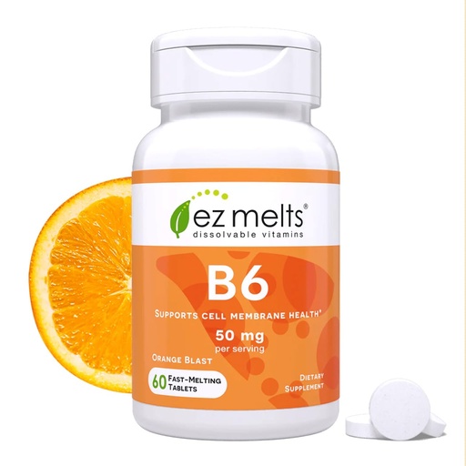 [BRSWIBARA4GQC3DM] EZ Melts Vitamin B6 - Brain & Heart Health Supplement - Energy Metabolism Support - No Artificial Flavors - Non-GMO & Vegan - Orange Blast - 60 Dissolvable Tablets (30 Servings)