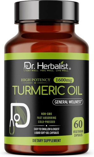 [BRSRMEL3OQDRQCYU] Dr. HERBALIST Turmeric Curcumin Oil Capsules 1600mg - 60 Capsules | Non-GMO | Fasting Absorbing | Vegetarian | Cold-Pressed | High Potency I AKA Haldi Capsules (1 Pack: 60 Capsules)