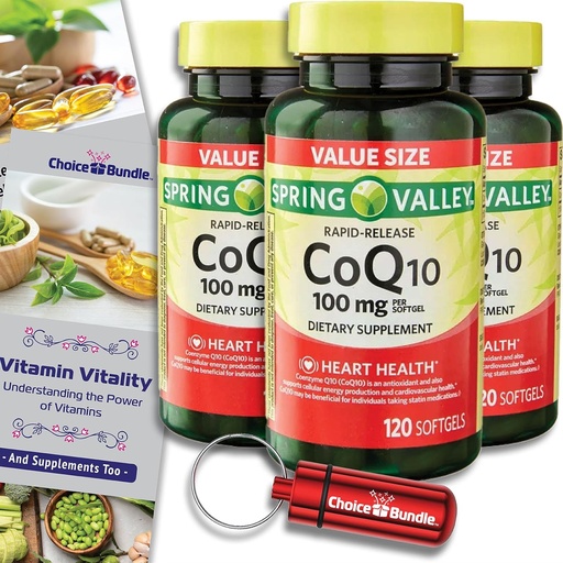 [BRSROBL5C4IB4ELP] Choice Bundle Spring Valley Rapid-Release CoQ10 Coenzyme Q10 100 mg Softgels 120 CT 3 pk (360 Total) + Vitamin Guide & Pill Container (5 Items)!