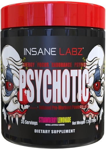 [BRSRAGIOOAOQODLZ] Insane Labz Psychotic, High Stimulant Pre Workout Mills, Extreme Listing Energy, Focus and Endurance with Beta Alanine, Creatine Monohydro, DMAE, 35 Srvgs (žemuogių citrinade)