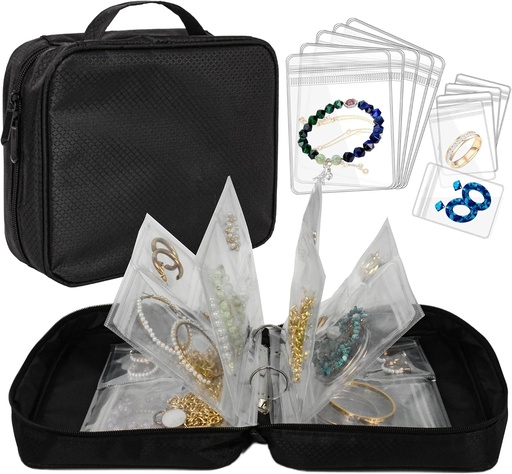 [BRSRAFIYPIBWG3DF] Travel Jewelry Organizer Case Transparent Jewelry Storage Book Binder Bag for Earrings, Rings, Necklace, Bracelet (All-Black)