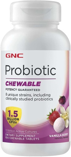 [BRSWECQLOYBBA2Q7] GNC Probiotic Chewable with 1.5 Billion CFUs - Vanilla Berry, 100 Tablets, Daily Probiotic Support