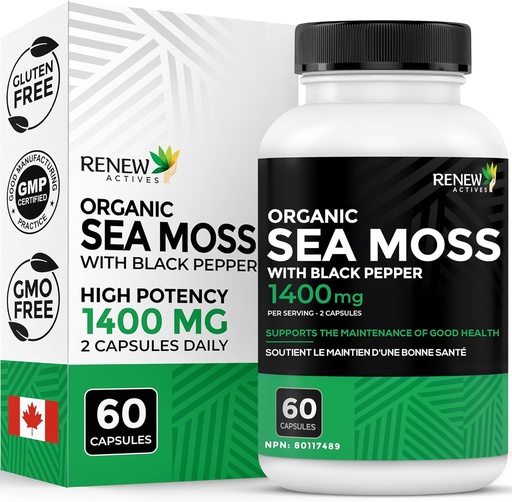 [BRSW2BIQBYHBQ3A3] Renew Actives Sea Moss Triple-Action Antioxidant Blend with BioPerine – Organic Irish Sea Moss 500MG, Bladderwrack 500MG & Burdock Root 400MG per 2 Capsules – Made in Canada - 60 Capsules
