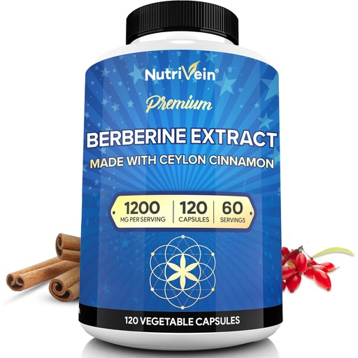 [BRSWGAL4BN6BMHLD] Nutrivein Premium Berberine 1200 mg with Ceylon Cinnamon - 120 Capsules: High-Absorption Berberine Supplement for Defenses, Digestion, & Metabolism