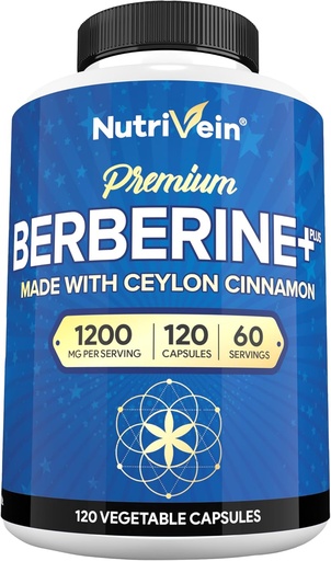 [BRSWGAL4BN6BMHLD] Nutrivein Premium Berberine HCL 1200 mg with Ceylon Cinnamon - 120 Capsules: High-Absorption Berberine Supplement for Defenses, Digestion, & Metabolism