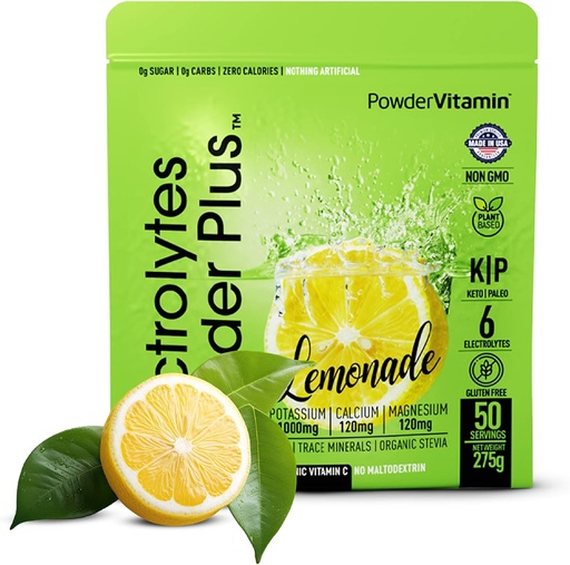 [BRSRAYAKBZ7AK3IU] Powder Electrolytes Plus (50 porcií), 0 kalórií Keto, 0 cukru, bez maltodextrínu, 1000 mg draslíka, 120 mg vápnika, 120 mg horčíka, hydratačný prášok (50 porcií, citróna)