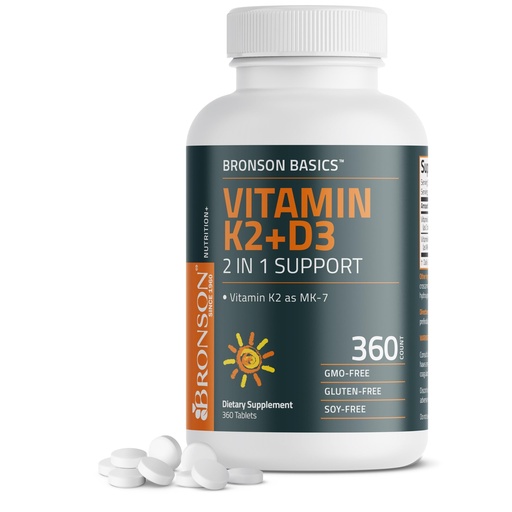 [BRSW2GDYBEIRQ2Q2] Bronson Vitamin K2 D3 (MK7) Supplement Non-GMO Formula Vitamin D3 5000IU (125 mcg) & 90 mcg K2 MK-7, Easy to Swallow D & K Complex, 360 Tablets