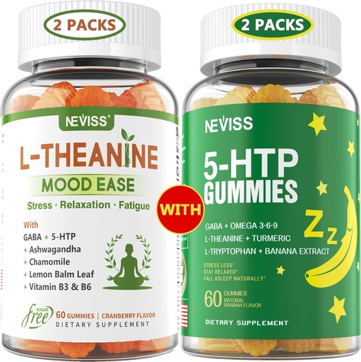 [BRSRAYI5OJ5REAY6] NEVISS Sugar Free L- Theanine Solid Gumies 120 Counts + Sugar Free 5- HTP Gumies 120 Counts