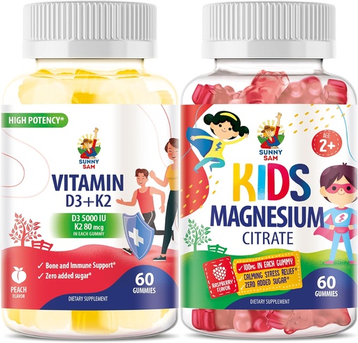 [BRSRAYL2B4OQG3QV] SUNNY SAM Vitamin D3 K2 Gummies 5000 IU & Magnesium Gummies for Kids Citrate Chewable Supplement for Mood & Muscle Support